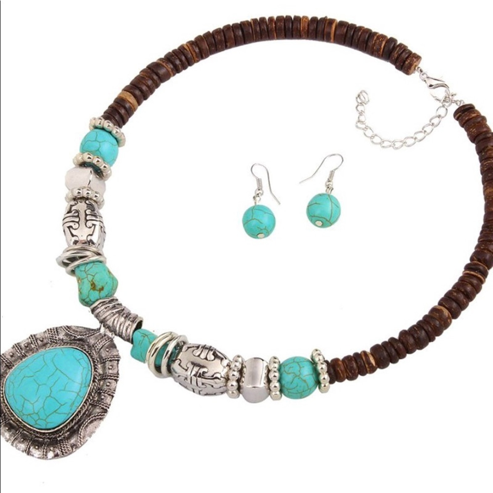 Nwt Novadab Fauxturquoise Necklace, Earrings Hollow Spiral Rounds Southwest